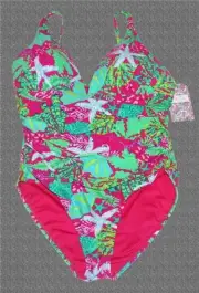 Stella Parker Sea Life Starfish Coral Ruched Built-in Bra 1-Pc Swimsuit NWT $88