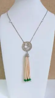 Hurrem Sultan Mallorca Pearl and Jade Tassel Necklace 100% Real Silver