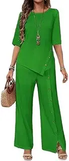 [HongYunAu] Women's Fashion Two Piece Set Buttons Design Irregular Hem Half Sleeve Shirt & Pants 2 Pcs Set