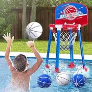 Pool Basketball Hoop Poolside with Backboard, Floating Pool Toys with 4 Basketballs/4 Water Balloons/Pump, Swimming Pool Games for Kids & Adults Indoor Outdoor Play, Red