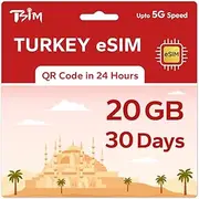 TSIM Prepaid Turkey eSIM for Travel | 30 days 20GB 5G Speed | Hotspot Allowed | eSIM QR Code Sent by Email within 24Hrs of Shipping | Scan QR Code and use Immediately | Data Only No Voice