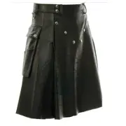 Handcrafted Men's Black Genuine Leather Utility Kilt with Twin Cargo Pockets