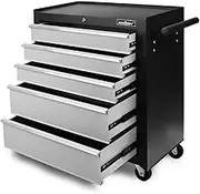 HORUSDY 5-Drawer Tool Cart, Lockable Storage Trolley Workshop Rolling Cabinet Tool Box Chest Organiser, 3" Swivel Wheels with Brake (Grey & Black)