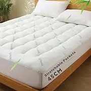 Bamboo Double Mattress Topper 1000GSM - Thick Cooling Breathable Pillow Top Mattress Pad for Back Pain Relief - Soft Fully Fitted Mattress Topper Cover with Deep Pocket Up to 45CM (Double Size)