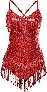 [Yeahdor] Womens Sequins Fringe Dance Bodysuit Sleeveless Cross Back Latin Jazz Dance Leotard Costumes