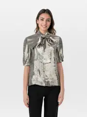 Silver Silk Neck Tie Detail Blouse