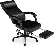 Giantex Ergonomic Executive Office Chair, High Back Leather Reclining Chair w/Headrest, Armrest & Retractable Footrest, Height Adjustable Swivel Computer Chair for Office, Study Room, Black
