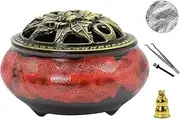 MrMrKura Ceramic Incense Burner with Lid, Incense Holder for Sticks Incense Cone Holder with Brass Incense Stick Holder for Yoga Meditation Home Decor (Fambe Red)