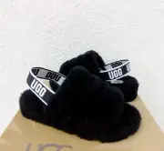 UGG BLACK FLUFF YEAH SLIDE SHEEPSKIN SLIPPER SANDALS, WOMEN US 8/ EUR 39 ~NIB