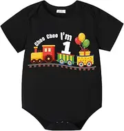 [Wosixima] Infant Baby Boy 1st Birthday T-Shirt Outfit Choo Choo I'm 1 Train Short Sleeve First Birthday Bodysuit Shirt Newborn Girl One Year Old Happy Birthday Tops Summer Costume,Black 18-24Months,