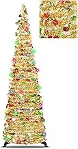 senlleo 5FT Artificial Christmas Tree Pop Up Christmas Tree ，Tinsel Coastal Pencil Tree ，with 5m Multi-Color 50 LED String Lights Holiday Home Party Supplies (Colorful Gold)