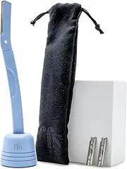 Dermaplaning Kit for Facial Hair Removal, Exfoliation & Eyebrow Shaper - FFS Beauty Metal Dermaplaning Tool w/ 2x Dermaplaning Blades for Face, Derma Blade Cover, Stand, Travel Pouch & Guide - Blue