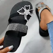 [JSMY] Women's Thong Wedge Sandals Flip Flops 3D Rhinestone Butterfly Open Toe Platform Sandals Comfy Slip on Slides Summer Beach Slippers,Black,US6/EU37