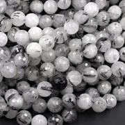 13 inch strand of natural Black Rutile Round Faceted 10mm beads.