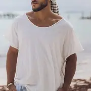 Men's Linen-like T Shirt Plain Crew Neck Street Holiday Short Sleeve Raw Edge Clothing Apparel Fashion Casual Comfortable 100% Cotton Tee Top