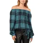 VINCE CAMUTO TOP WOMENS SIZE XSMALL OFF-THE-SHOULDER PLAID DEEP FOREST NEW