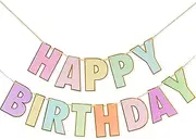 Lumjoy Large Macaron Happy Birthday Banner – Pastel Birthday Decor, Backdrop Sign for Women & Kids, Luxe Gold Foil Edge Party Decoration