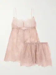 [Rosamosario] Rosamosario - Embellished Silk-lace Chemise And Shorts Set - Blush - large large Pink