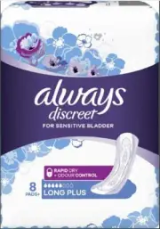 ALWAYS DISCREET INCONTINENCE PADS LONG PLUS 8PK