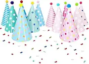 12 PCs Party Hats Birthday Cone Hats DIY Party Hat with Pom Poms,Lovely Birthday Cake Cone Paper Hats Headbands Decoration DIY Activity Kit