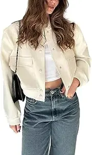 [imbpceu] Womens Casual Cropped Bomber Jacket Button Down Long Sleeve Lightweight Coats Varsity Jacket With Side Pockets Beige L