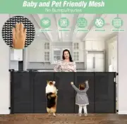 Reinforced 42" Extra Tall Baby Gate 55" Wide Retractable Dog Gate w Support Rode