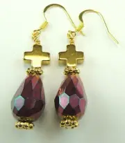 Purple Briolette Crystal Earrings Gold Color Crosses Boho Chic Handmade