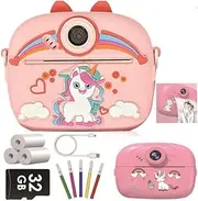 2.4' Kids Camera Instant Print, with Silicone Cover,48MP Kids Digital Camera Instant Camera for Kids with 3 Rolls Print Paper with 32G Card, 1080P Video Selfie Camera Toy for Kids 3-12 Birthday Gift