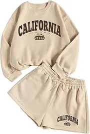[WDIRARA] Women's 2 Piece Outfits Letter Printed Drop Shoulder Long Sleeve Sweatshirt and Shorts Sets