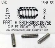 #8-32x3/4 Hex Socket Set Screws Cup Point Stainless Steel (25)