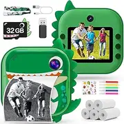 [Skirfy] Kids Camera Instant Print,Boy Toys Digital Camera for Kids with 5 Print Paper&32G TF Card,Dinosaur Selfie Camera with Color Pens&Stickers,48MP Video Camcorder Lanyard,Birthday Boy