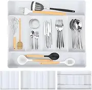 TOWEBOORY Cutlery Drawer Organiser, Expandable Utensil Tray with 7 Compartments, Adjustable Flatware and Utensil Tray for Spoons Forks Knives (White)