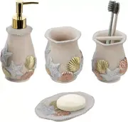 Coastal Cape Cod Bathroom Accessories Set w/ Soap Dish, Tumbler Cup, 4 Piece