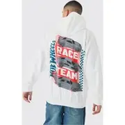Mens White Oversized Hot Wheels Racing License Print Hoodie