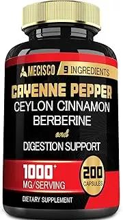 Cayenne Pepper Capsules 1000mg with Turmeric Curcumin Root, Berberine HCl, Ceylon Cinnamon Bark & More - 200 Capsules - Support Digestion Health, Immune System & Body Balance