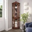 Brown Front Lighted Glass Shelf Corner Display Curio Cabinet Furniture Home