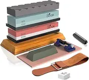 BRITOR Knife Sharpening Stone,Whetstone Sharpener Includes 4 Side Grit 400/1000 3000/8000 Whetstones, Non-Slip Bamboo Base, Angle Guide，Polishing Compound，Leather Strop, Flattening Stone
