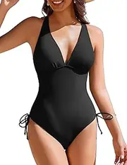 [AI'MAGE] Womens One Piece Swimsuits V Neck Tummy Control Bathing Suit Criss Cross Back Slimming Swimwear with Drawstring