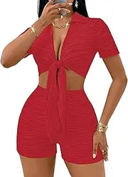 [MSLG] Women's Sexy 2 Piece Set Solid Summer Bodycon Suit Casual Tie Front Short Sleeve V Neck Crop Top Shorts Outfits Sets S42