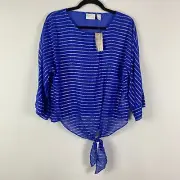 Chicos Shimmer Stripe Tie Front Blouse Size 0 US Small Blue Silver Sheer