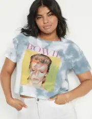 David Bowie Women’s Blue Tie Dye Crop T Shirt Size L