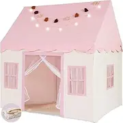 Large Kids Play Tent with Mat, Play Tent Indoor with Star Lights, Flag and Windows, Playhouse for Boys and Girls Aged 3, Kid Tent with Mat Washable (Pink)
