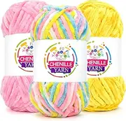 3 Pack Velvet Chenille Yarn for Crocheting,Candy Pink Yellow Fluffy Velvet Plush Yarn Thick Soft Chunky Chenille Yarn Baby Blanket Yarn for Crocheting Knitting Beginners(Candy Pink Yellow