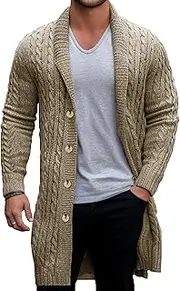 [Generic] Men Shawl Collar Button Knit Long Cardigan Shawl Collar Knitted Sweaters Cardigan Men Cable Knit Button Down Sweater