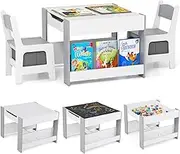 HONEY JOY 4-in-1 Kids Table and Chair Set, Wooden Activity Drawing Reading Desk w/Reversible Blackboard, Bookshelves, 2-in-1 Detachable Tabletop Table & Chair Set for Classroom, Nursery, Grey