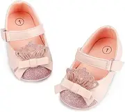 [KIDSUN] Baby Girls Shoes,Mary Jane Flats Princess Dress Sparkly Bow Birthday Crib Shoe,Soft Sole Newborn Crib Shoes Intant First Walkers Shoes