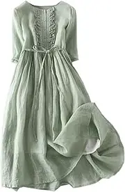 [Generic] Women's Short Sleeve Crew Neck Dresses Beach Casual Lace Up Solid Sundress Holiday Midi Dress with Belt