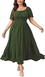 [SHESTARR] Women's Plus Size Maxi Dress Short Sleeve Smocked Square Neck Tie Front Split A-Line Flowy Long Dresses, Armygreen, XX-Large Plus