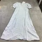 Sleeper Dress Womens Small Gingham Blue White Linen Smocked Puff Sleeve Ladies