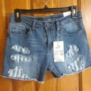 Vigoss Super Stretch Denim Girls Shorts Size 14 Distressed Patch High Rise New